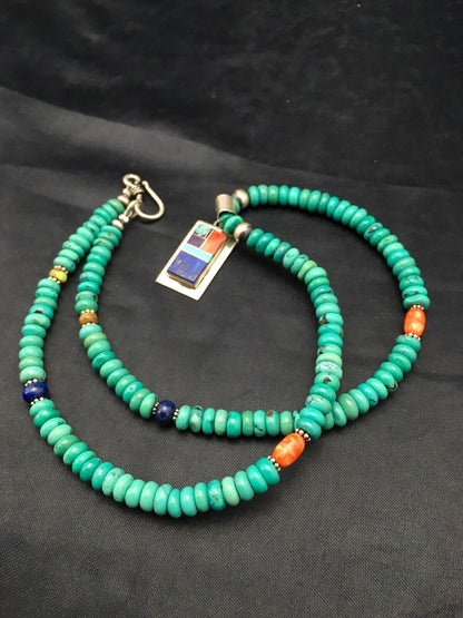 Navajo Turquoise & Lapis Inlay Pendant Necklace | Sterling Silver | 19" | Authentic Native American Handmade | 4077