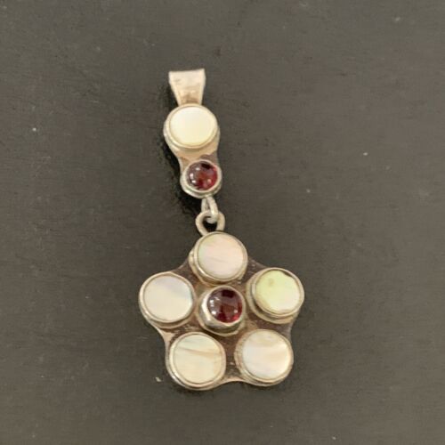 Old Pawn Vintage Multi-Stone Flower Pendant | Sterling Silver | Mother of Pearl & Garnet Dangle | 1186