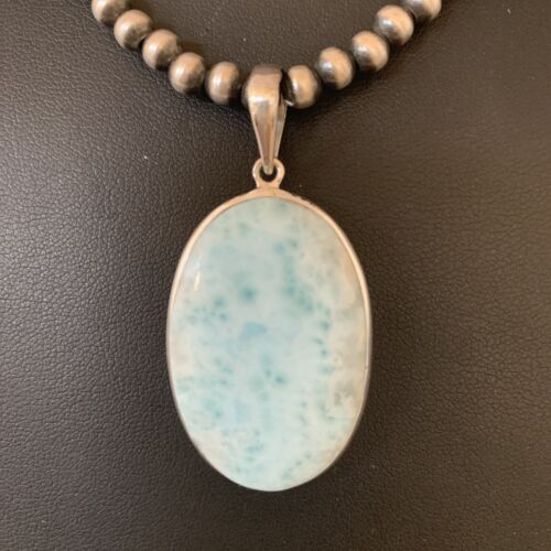 Navajo Blue Larimar Pendant Beads Necklace | Sterling Silver | Authentic Native American Handmade | 1763 - Masha USA