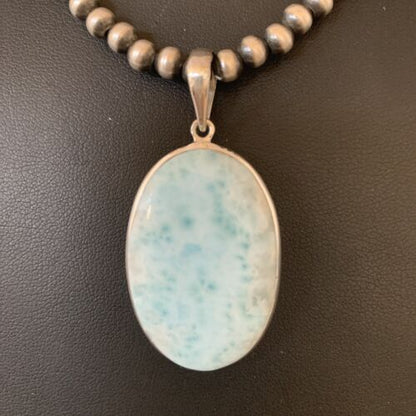 Navajo Blue Larimar Pendant Beads Necklace | Sterling Silver | Authentic Native American Handmade | 1763 - Masha USA