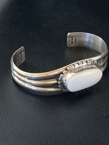 Navajo White Buffalo Turquoise Cuff Bracelet | Sterling Silver | Authentic Native American Handmade | 1423