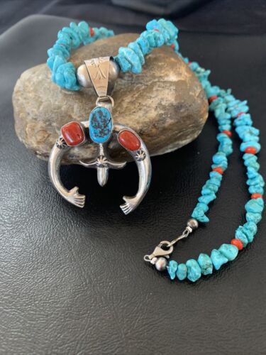 Navajo Sterling Silver Turquoise Coral Pendant Necklace | Authentic Native American Handmade | 11697