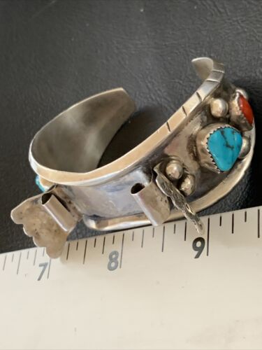 Navajo Sterling Silver Watch Cuff Bracelet | Blue Turquoise & Coral | Authentic Native American Jewelry | 12169
