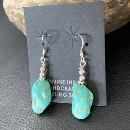 Navajo Turquoise Bead Nugget Earrings | Sterling Silver Pearls | 1" | Authentic Native American Handmade | 12896