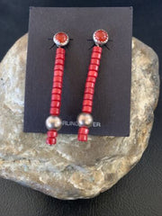 Navajo Pearl Heishi Dangle Earrings | Sterling Silver Red Coral Tube | 1.5" | 13051
