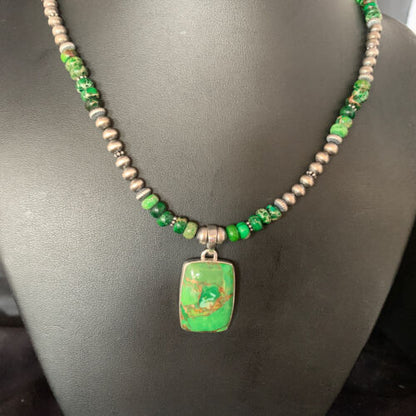 Navajo Pearls Green Mojave Turquoise Pendant Necklace | Sterling Silver | Native American Handmade | 13465