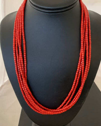 Southwestern Navajo 5-Strand Red Coral Bead Necklace | Sterling Silver | Authentic Native American Handmade | 01954