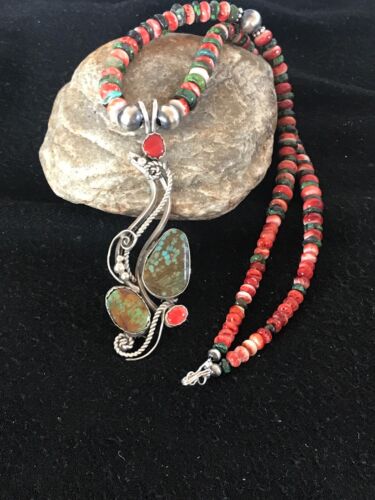 Navajo Turquoise #8 & Spiny Oyster Pendant Necklace | Sterling Silver | Native American Handmade | 8646