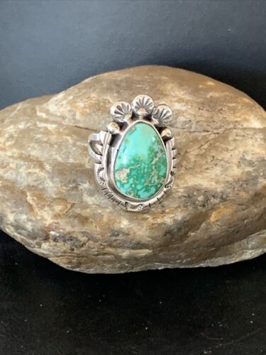 Women's Navajo Green Sonoran Turquoise Ring | Sterling Silver | Sz 9.5 | Authentic Native American Handmade | 10419