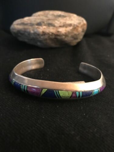 Men's Navajo Sterling Silver Inlay Bracelet | Turquoise Sugilite Lapis | Authentic Native American Handmade | 11703
