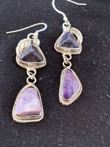 Navajo Purple Charoite Dangle Earrings | Sterling Silver | Authentic Native American Handmade | 01222