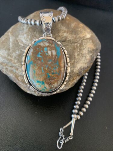 Navajo Pearls Necklace with Blue Royston Turquoise Pendant | Sterling Silver | Authentic Native American Handmade | 10629