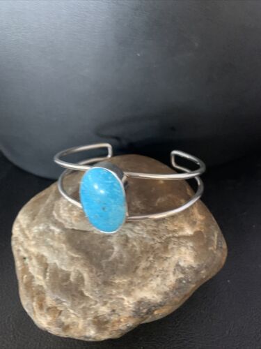 Women's Sterling Silver Blue Kingman Turquoise Cuff Bracelet | Authentic Native American Handmade | 14067