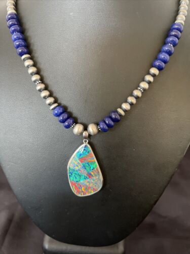 Men's Sterling Silver Necklace | Blue Lapis Bead | Opal Inlay Pendant | 10583