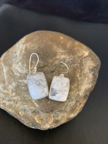 Navajo Sterling Silver White Howlite Black Dangle Rectangle Earrings | 0.75" | 12069