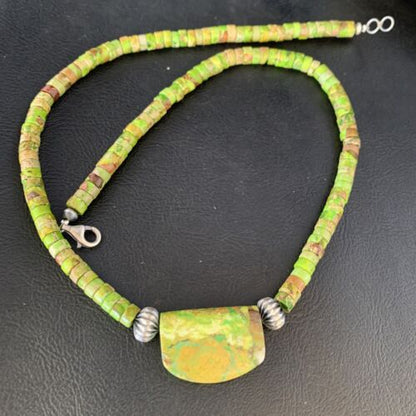 Navajo Green Gaspeite Turquoise Pendant | Sterling Silver | Authentic Native American Handmade | 13942