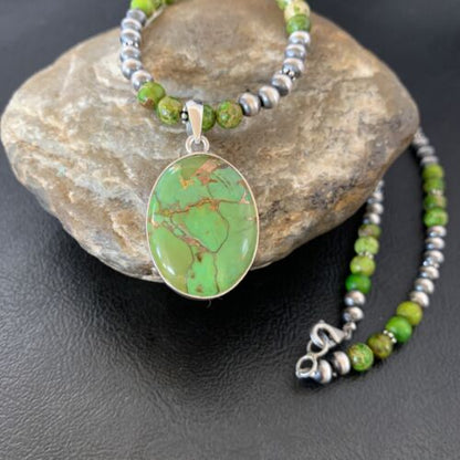 Navajo Pearl Necklace with Green Mojave Turquoise Pendant | Sterling Silver | 11757