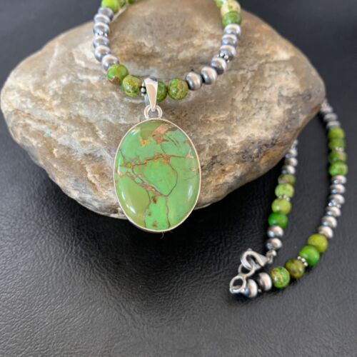 Navajo Pearl Necklace with Green Mojave Turquoise Pendant | Sterling Silver | 11757