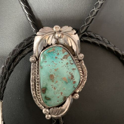 Navajo Green Royston Turquoise Bolo Tie | Sterling Silver | Authentic Native American Handmade | 14110