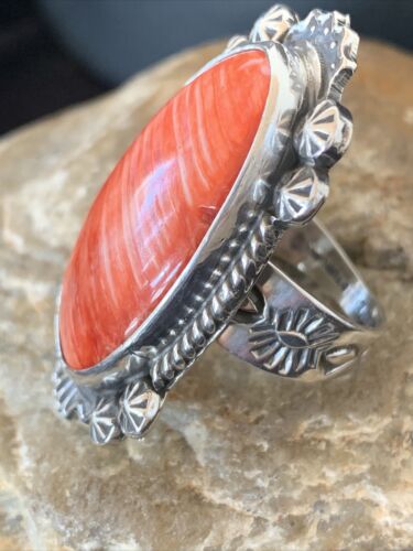 Southwestern Women's Navajo Red Spiny Oyster Ring | Sterling Silver | Sz 10 | Authentic Native American Handmade | 1005