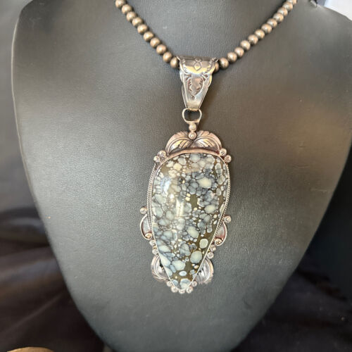 White Buffalo Turquoise Necklace Pendant with Pearls | Sterling Silver | Authentic Native American Handmade | 14805