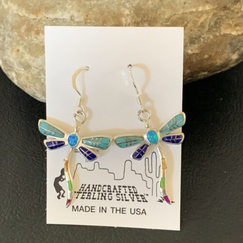 Navajo Dragonfly Turquoise Spiny Opal Inlay Earrings | Sterling Silver | 1" | Authentic Native American Handmade | 12016