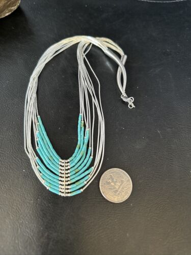 Southwestern Liquid Silver Heishi Necklace | 10 Strand | Turquoise | Sterling Silver | 14819