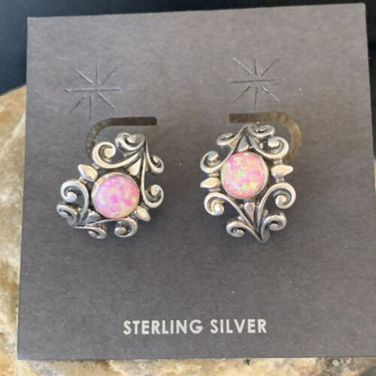 Native American Women's Navajo Hoop Earrings Set | Sterling Silver Pink Opal | 12764