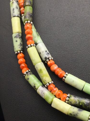 Navajo Green Serpentine & Spiny Oyster Necklace | 3 Strand | Sterling Silver | Authentic Native American Handmade | 4095