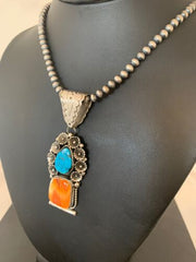 Navajo Kingman Turquoise & Spiny Oyster Pendant Necklace | Sterling Silver | Authentic Native American Handmade | 4575