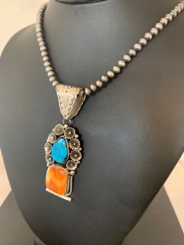 Navajo Kingman Turquoise & Spiny Oyster Pendant Necklace | Sterling Silver | Authentic Native American Handmade | 4575