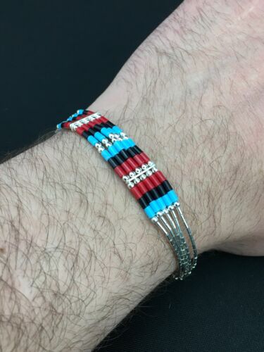 Multi-Color Turquoise Coral Liquid Heishi Bracelet | Sterling Silver | 7" | Authentic Native American Handmade | 13595