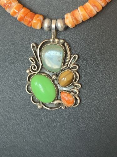 Navajo Green Turquoise and Spiny Bead Necklace Pendant | Sterling Silver | Authentic Native American Handmade | 573