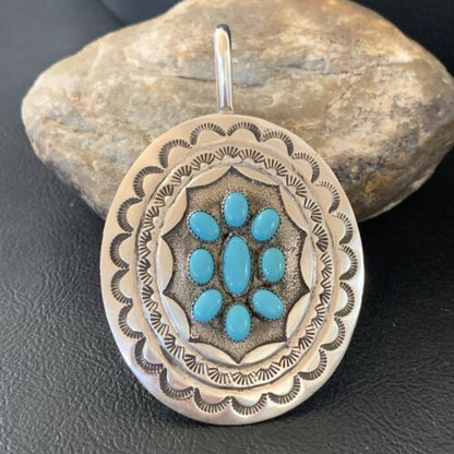 Navajo Blue Turquoise Cluster Pendant | Sterling Silver | 3" | Authentic Native American Handmade | 2105