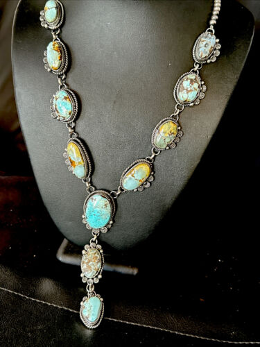 Navajo Golden Hills Turquoise Lariat Necklace | Sterling Silver | Authentic Native American Handmade | 14348