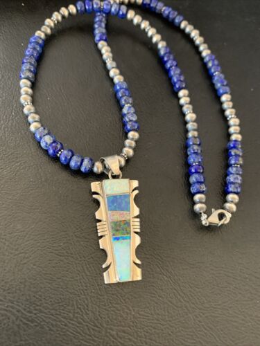 Navajo Pearls Necklace with Blue Lapis & White Opal Inlay Pendant | Sterling Silver | 11631