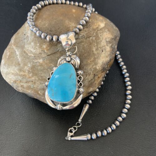 Mens Navajo Pearls Sterling Blue Kingman Turquoise Necklace Pendant 12599