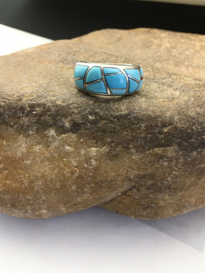 Navajo Kingman Turquoise Corn Inlay Ring | Sterling Silver | Sz 7.5 | 01619