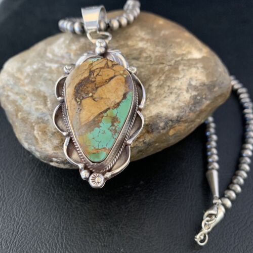 Men's Navajo Green Boulder Turquoise Pendant Necklace | Sterling Silver | Authentic Native American Handmade | 13660