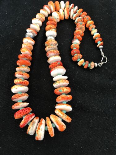 Navajo Orange Spiny Oyster & Turquoise Necklace | Sterling Silver | Authentic Native American | 22" | 3607