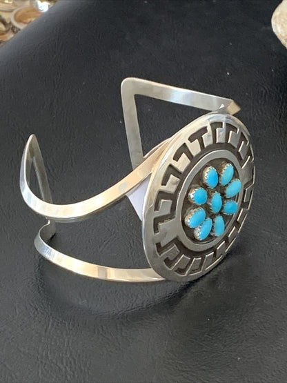 Men's Cluster Navajo Blue Kingman Turquoise Cuff Bracelet | Sterling Silver | Authentic Native American Handmade | 1652
