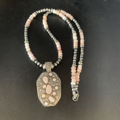 Navajo Pink Opal Beads Necklace | Multi-Stone Mother of Pearl Pendant | Sterling Silver | 13441