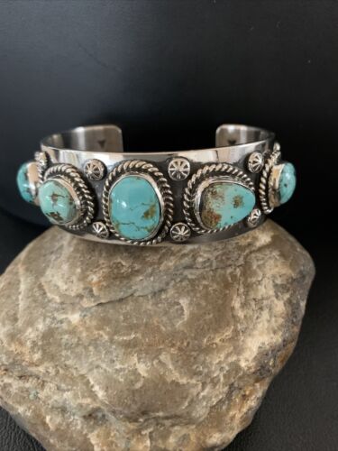 USA Navajo Sterling Silver Blue Royston Turquoise Cuff Bracelet 5Stone 1383