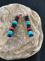 Navajo Sterling Silver Turquoise Onyx Coral Earrings | Southwestern Native American | 8334
