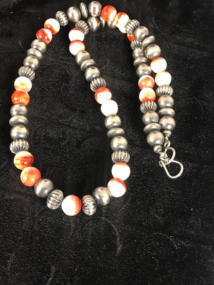 Navajo Spiny Oyster Beads Necklace | Sterling Silver | 21" | Authentic Native American Handmade | 8533