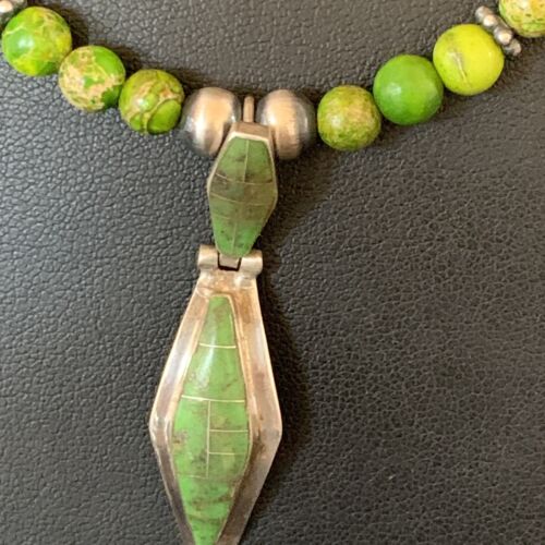 Navajo Green Gaspeite Turquoise Pendant | Sterling Silver Inlay | Authentic Native American Handmade | 12361 - Masha USA