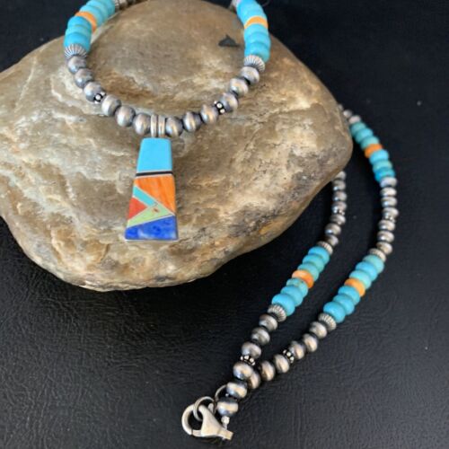 Navajo Sterling Silver Necklace | Blue Turquoise Coral Inlay Pendant | Southwestern |13841