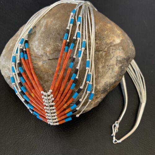 Multi-Color Liquid Silver Heishi Necklace | 10 Strand Sterling Tubes | Native American Handmade | 12300