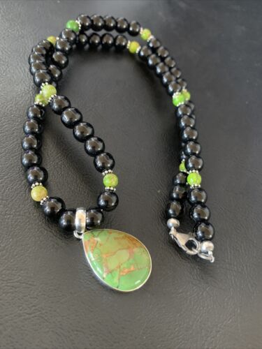 Navajo Pearls Onyx Mojave Turquoise Necklace Pendant | Sterling Silver | Authentic Native American Handmade | 13252