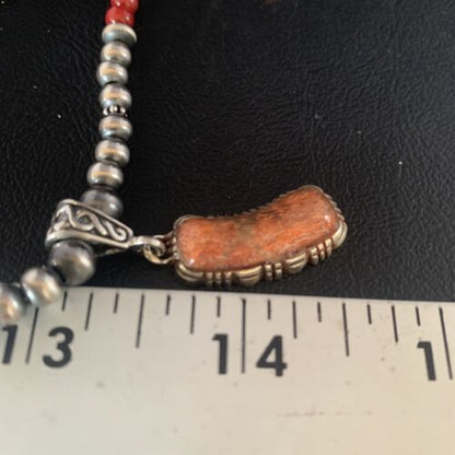 Red Apple Coral & Navajo Pearls Sterling Silver Bead Necklace with Pendant | Authentic Native American | 13437